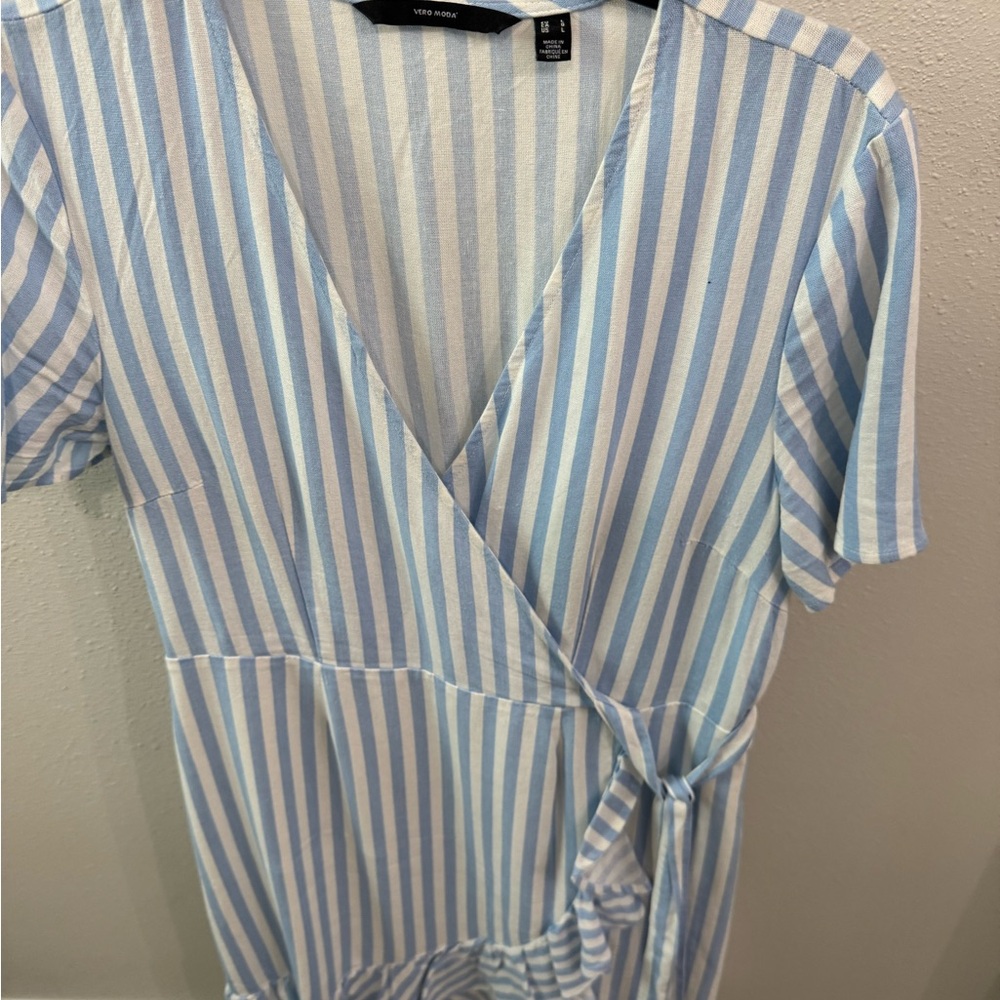 Vero Moda Light Blue and White Striped Wrap Dress